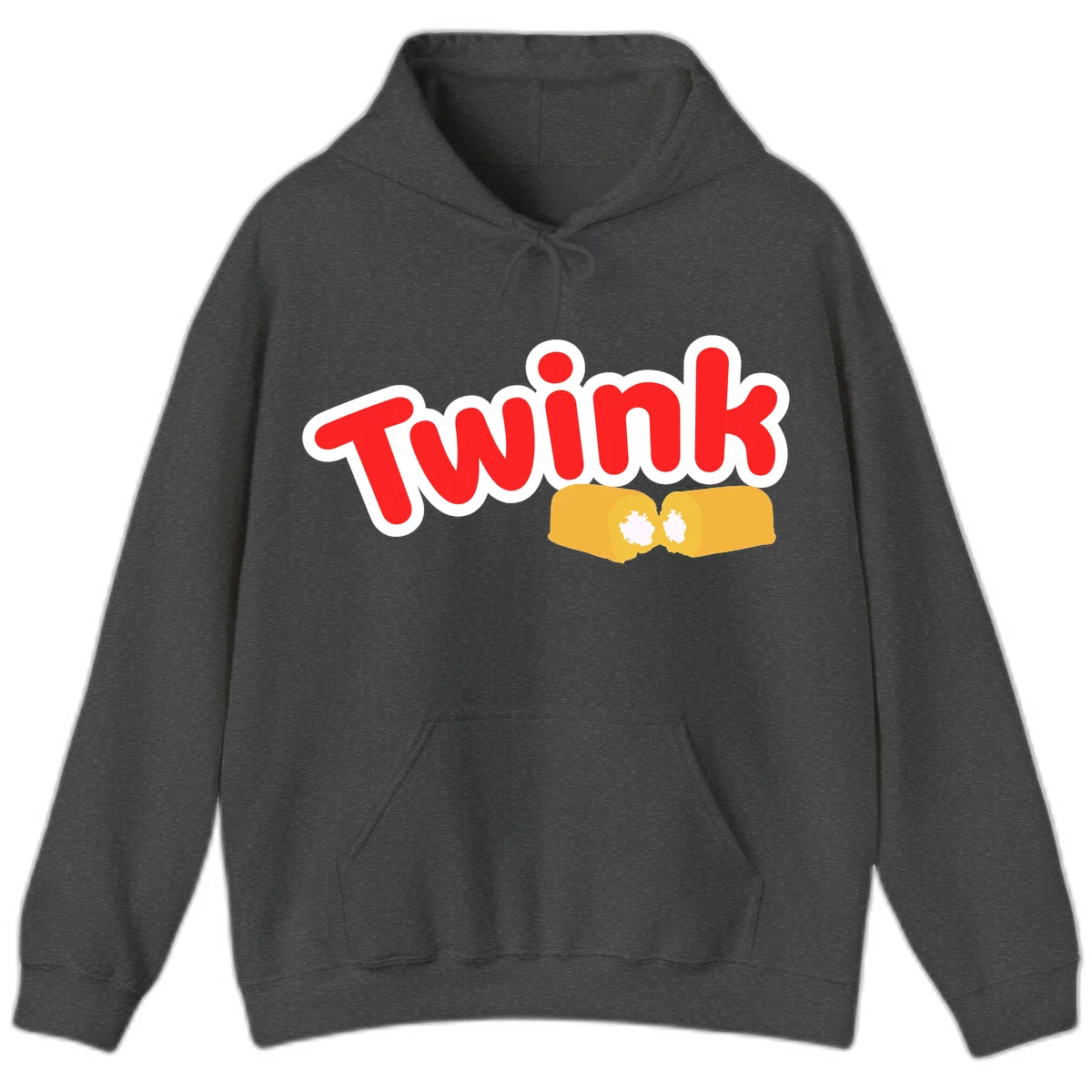 Red 'Twink' text with white outline above two yellow fists bumping together with white highlights, comic book style pride design in Dark Heather