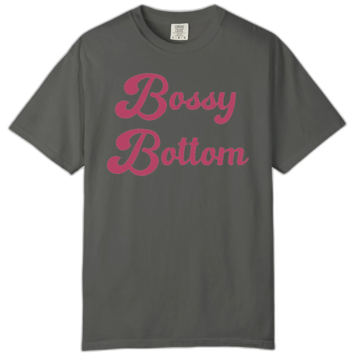 Body Rocking pride design in pink lettering with flowing, decorative typography on gray background in Pepper