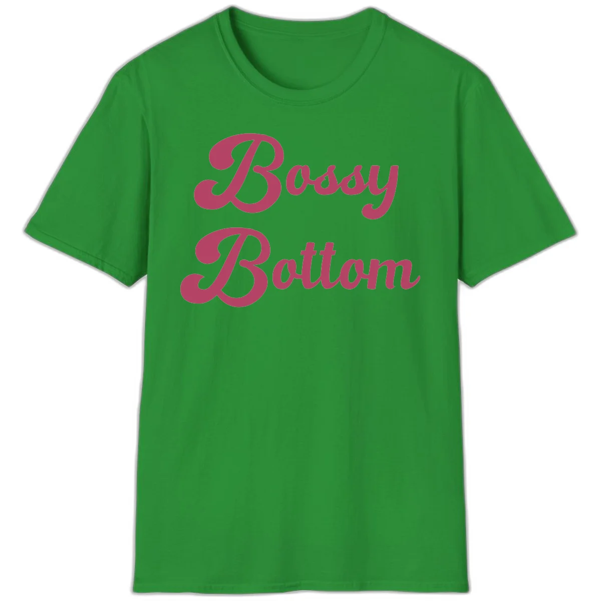 Body Rocking pride design in pink lettering with flowing, decorative typography on gray background in Irish Green