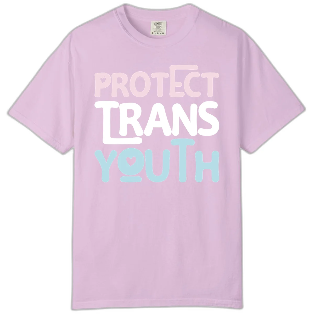 Protect trans youth design with pink, white, and blue bold lettering and heart symbols in Orchid