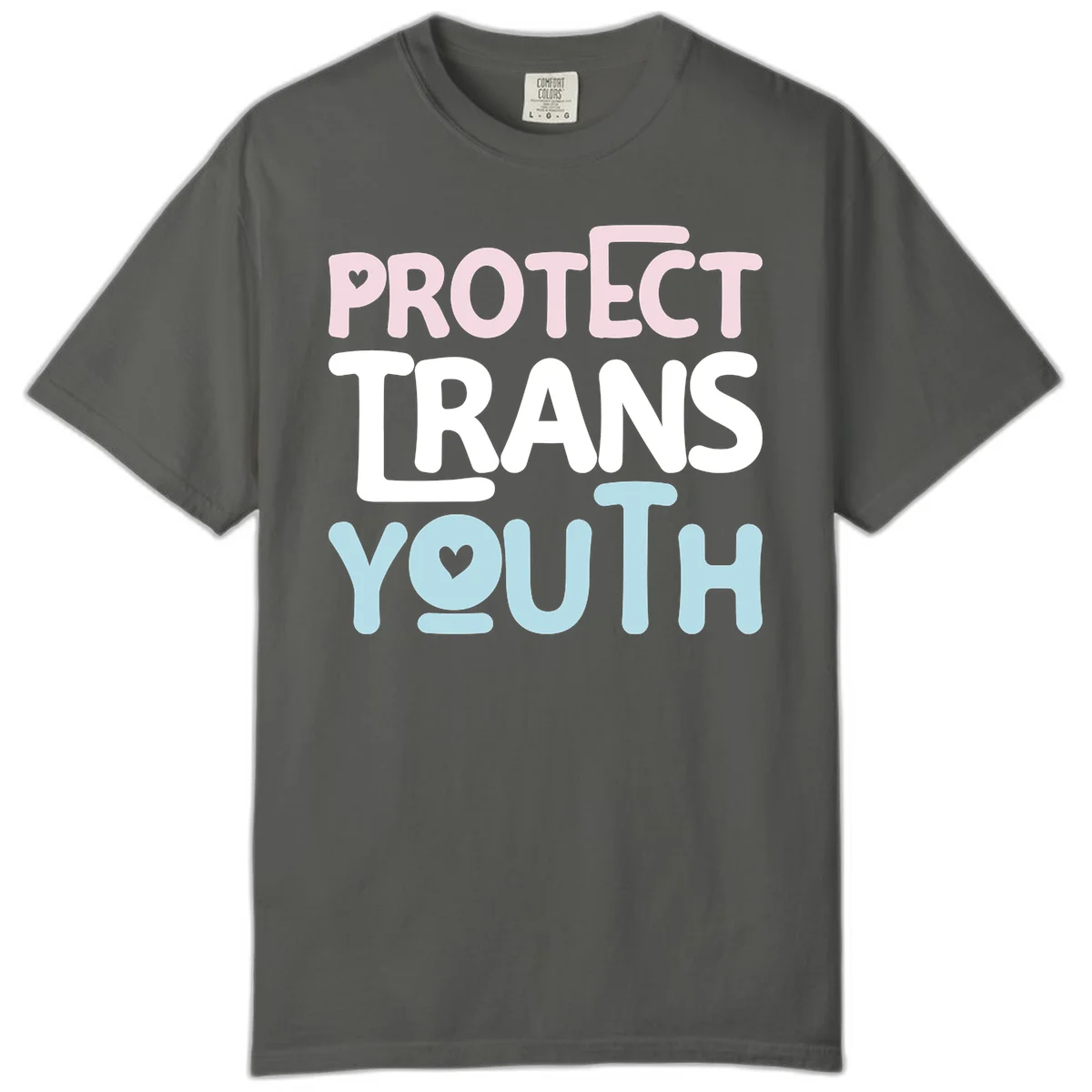 Protect trans youth design with pink, white, and blue bold lettering and heart symbols in Pepper