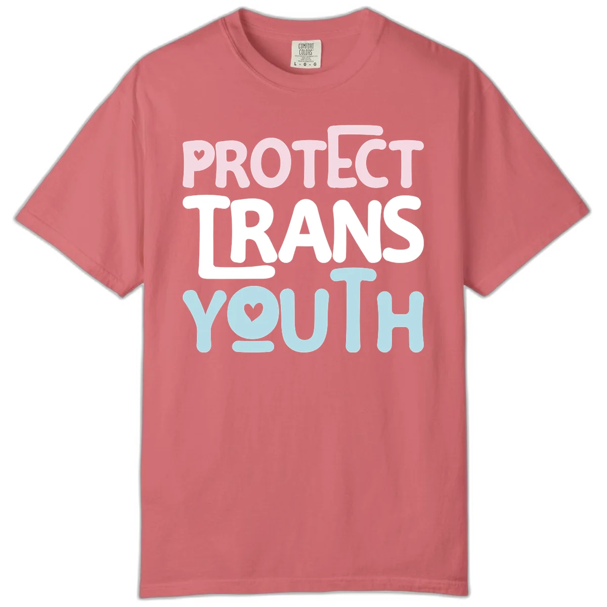 Protect trans youth design with pink, white, and blue bold lettering and heart symbols in Watermelon