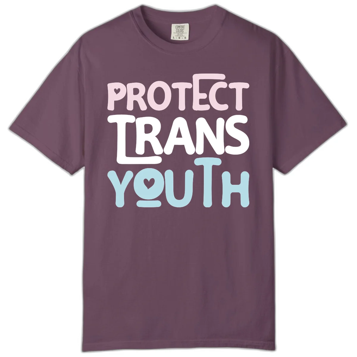 Protect trans youth design with pink, white, and blue bold lettering and heart symbols in Berry