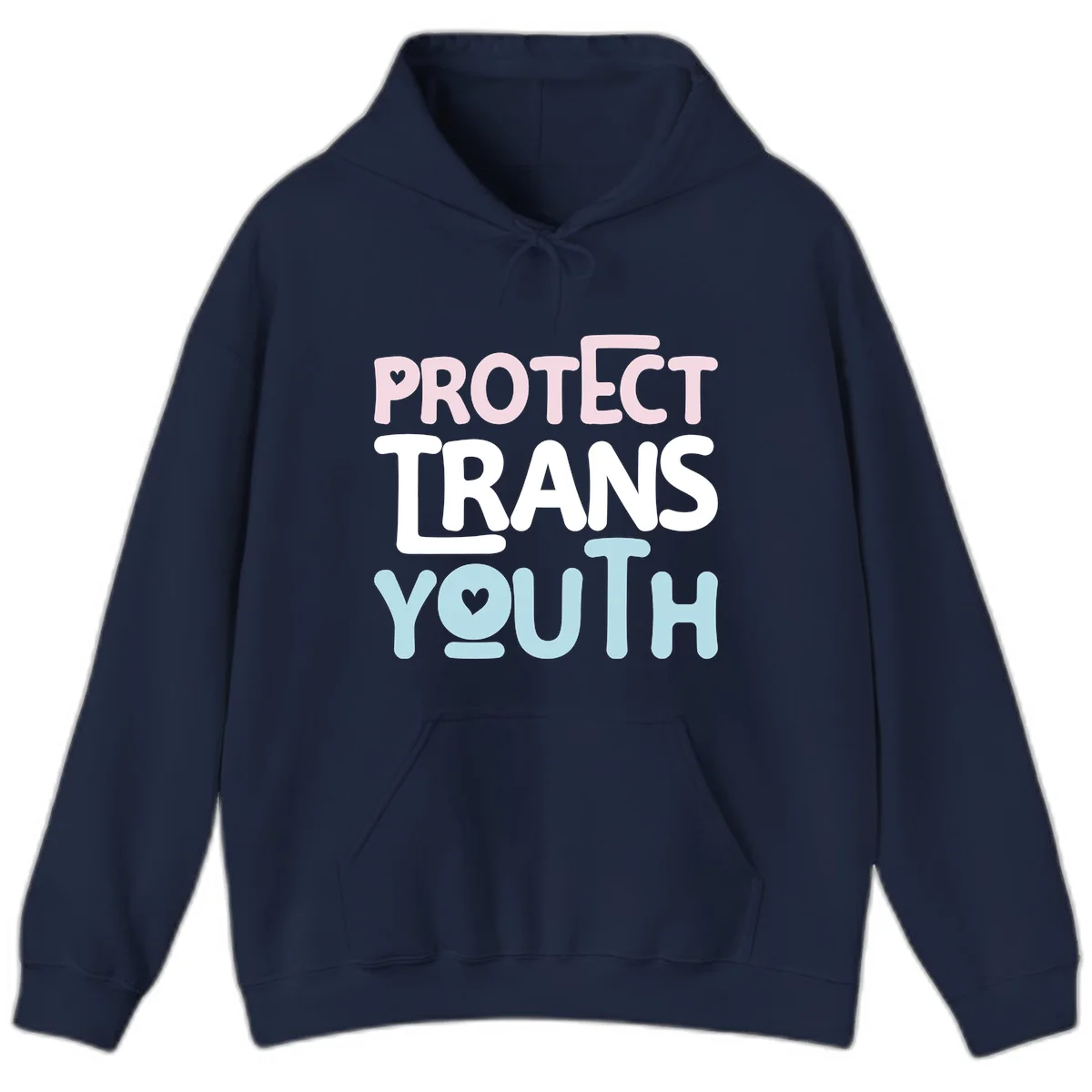 Protect trans youth design with pink, white, and blue bold lettering and heart symbols in Navy