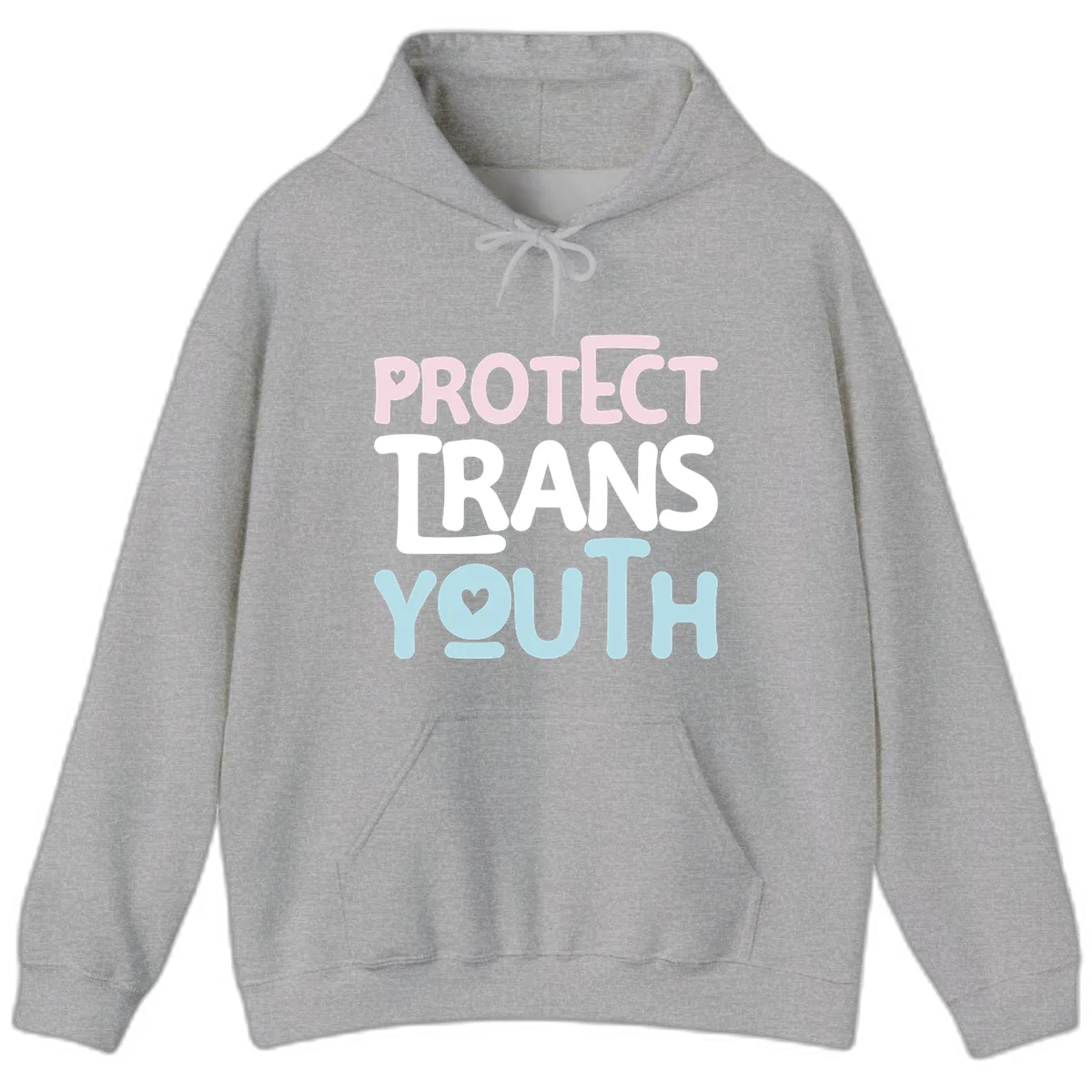 Protect trans youth design with pink, white, and blue bold lettering and heart symbols in Sport Grey
