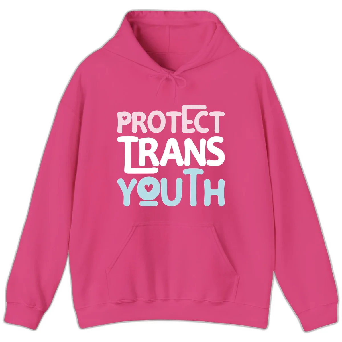 Protect trans youth design with pink, white, and blue bold lettering and heart symbols in Heliconia