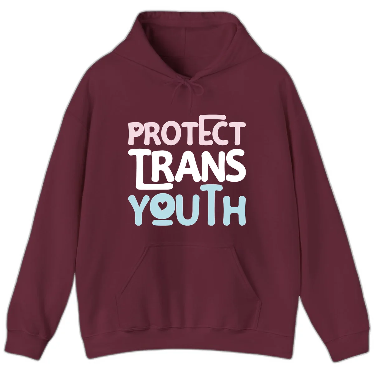 Protect trans youth design with pink, white, and blue bold lettering and heart symbols in Maroon