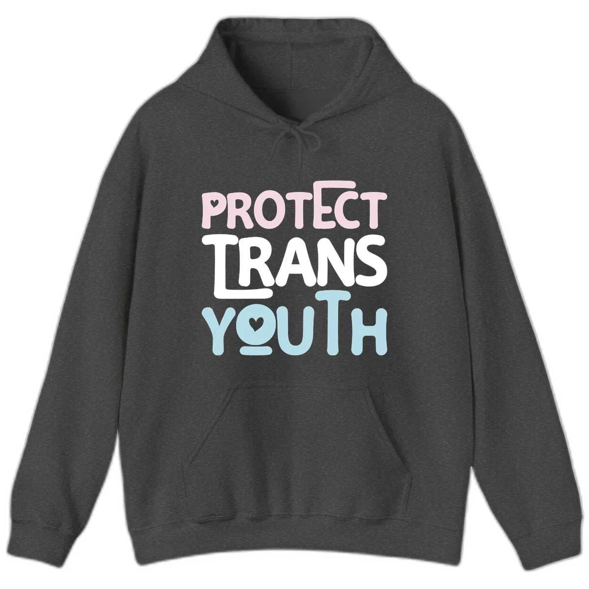 Protect trans youth design with pink, white, and blue bold lettering and heart symbols in Dark Heather