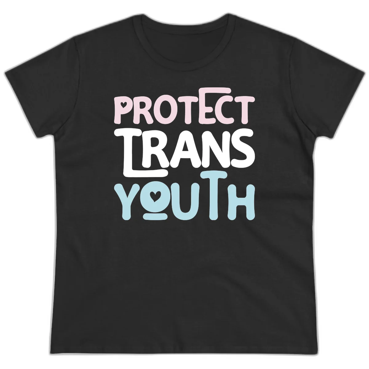 Protect trans youth design with pink, white, and blue bold lettering and heart symbols in Black