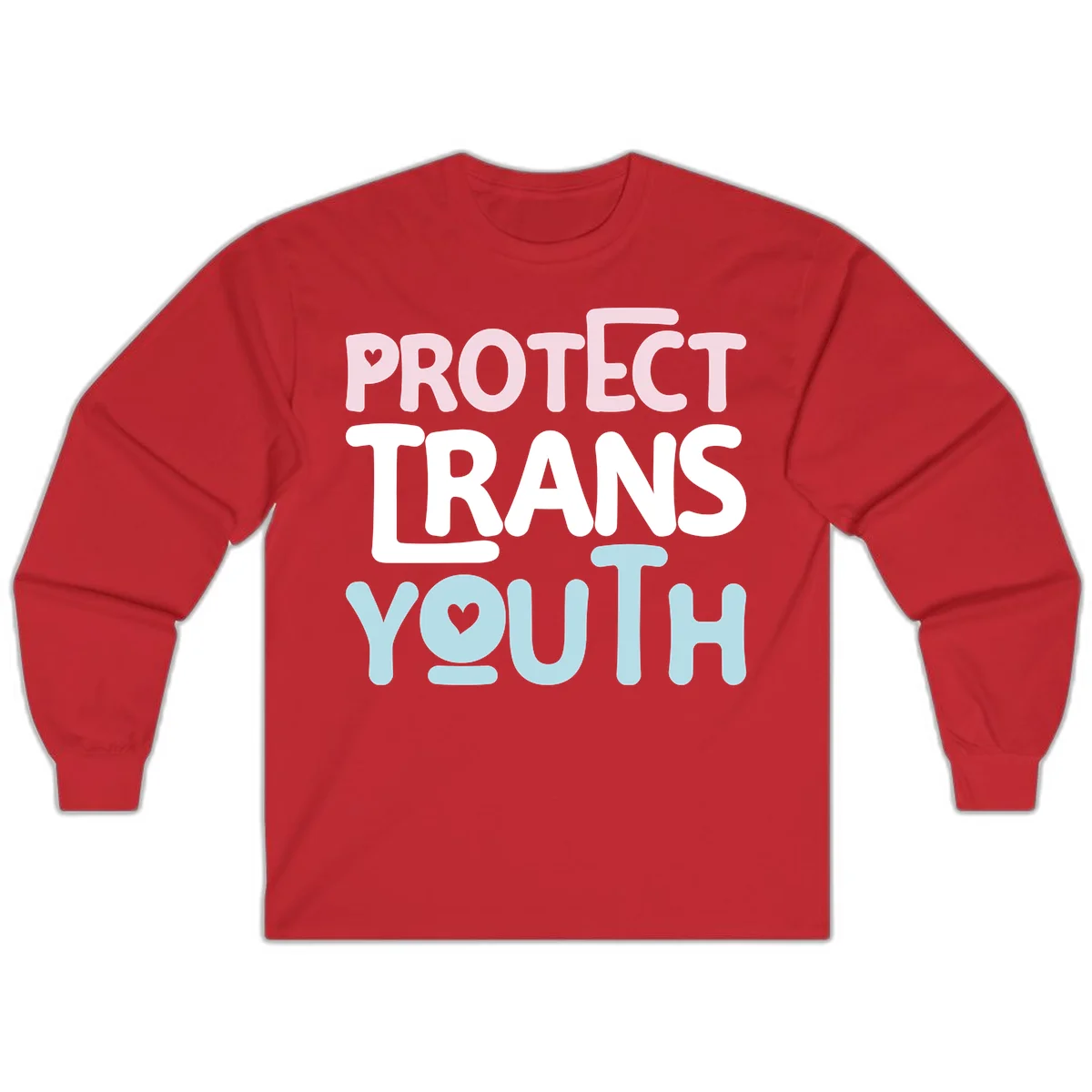 Protect trans youth design with pink, white, and blue bold lettering and heart symbols in Red