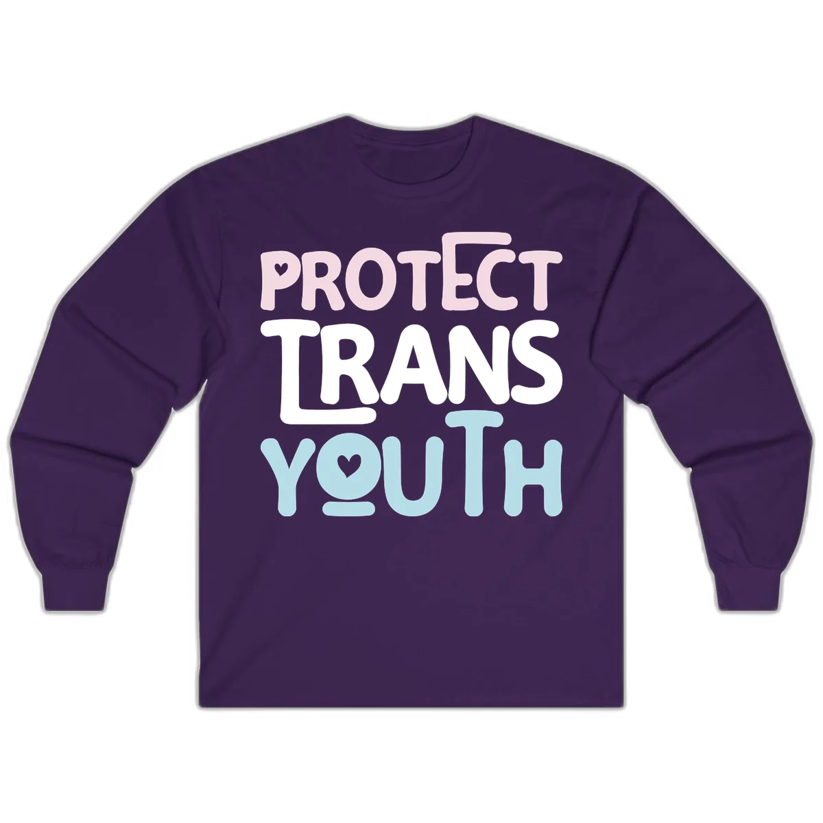 Protect trans youth design with pink, white, and blue bold lettering and heart symbols in Purple