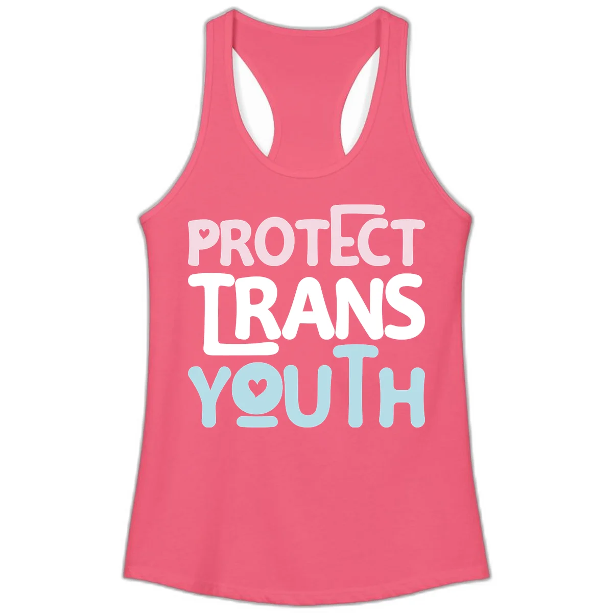 Protect trans youth design with pink, white, and blue bold lettering and heart symbols in Hot Pink