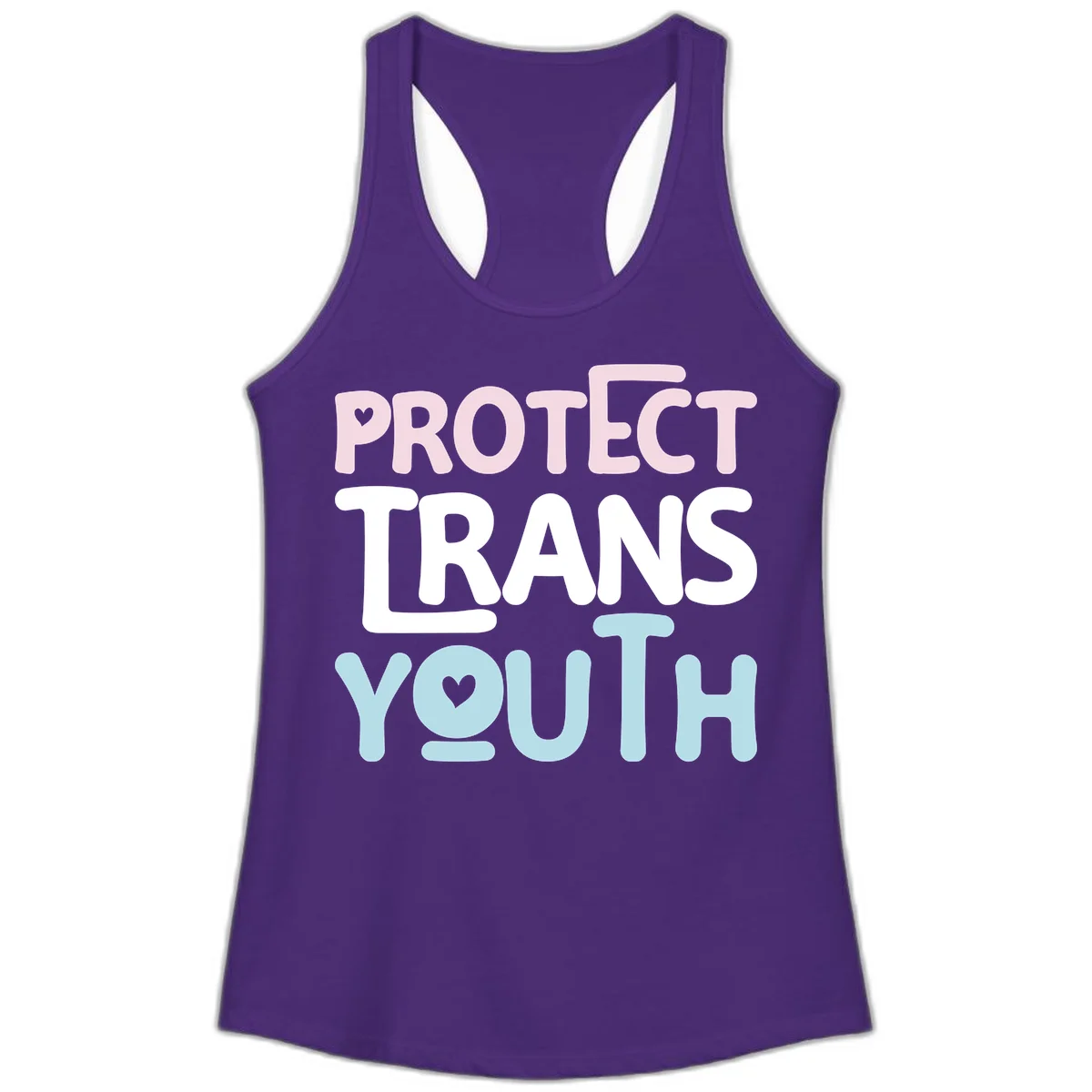 Protect trans youth design with pink, white, and blue bold lettering and heart symbols in Solid Purple Rush