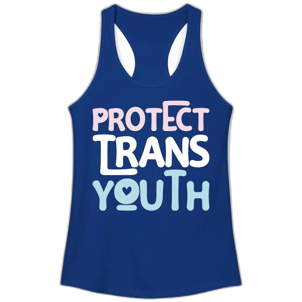 Protect trans youth design with pink, white, and blue bold lettering and heart symbols in Solid Royal