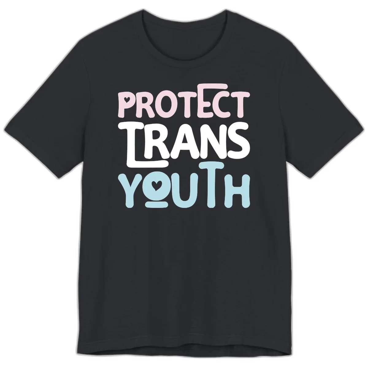 Protect trans youth design with pink, white, and blue bold lettering and heart symbols in Vintage Black