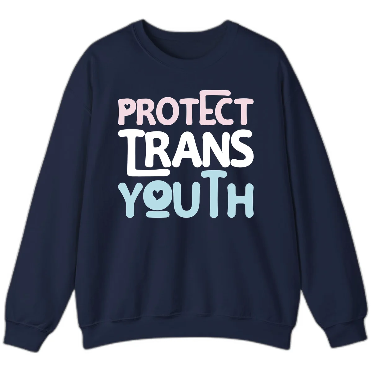 Protect trans youth design with pink, white, and blue bold lettering and heart symbols in Navy