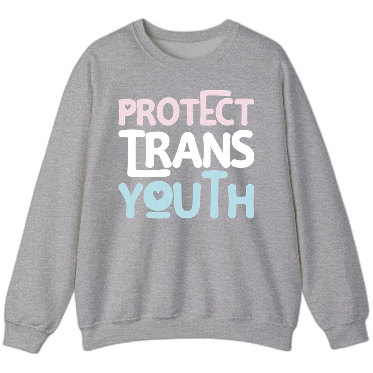 Protect trans youth design with pink, white, and blue bold lettering and heart symbols in Sport Grey