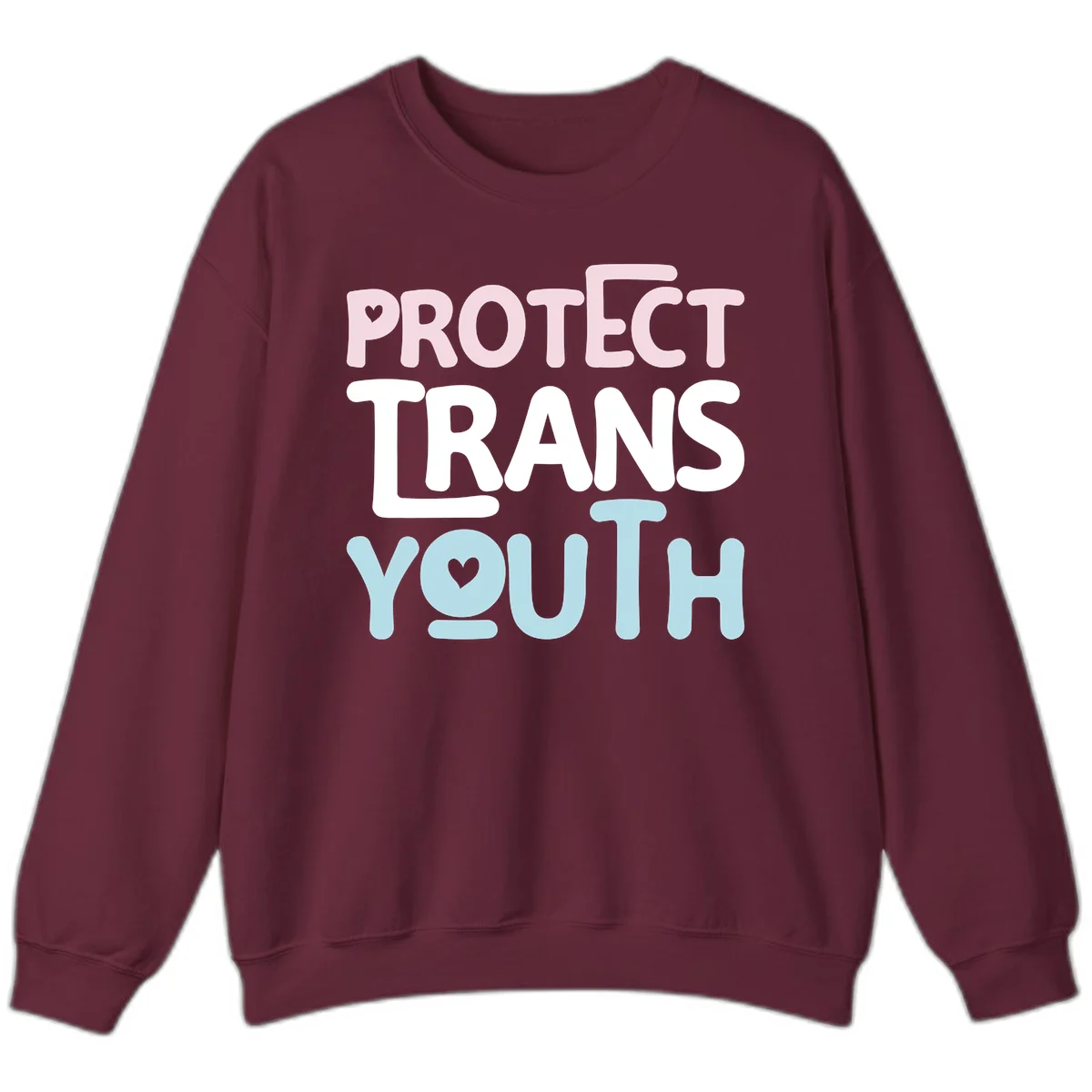 Protect trans youth design with pink, white, and blue bold lettering and heart symbols in Maroon