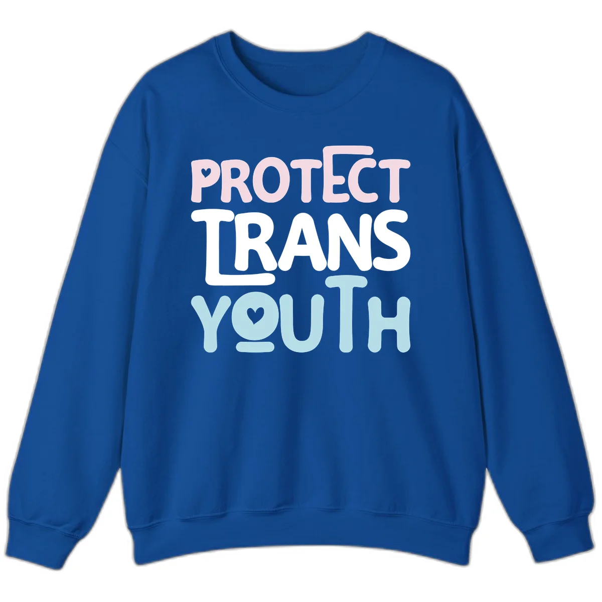 Protect trans youth design with pink, white, and blue bold lettering and heart symbols in Royal
