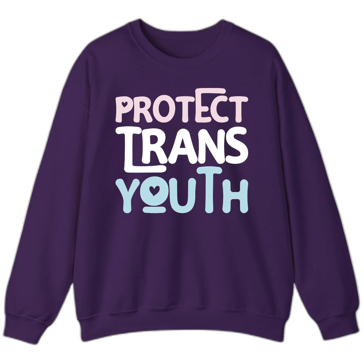 Protect trans youth design with pink, white, and blue bold lettering and heart symbols in Purple