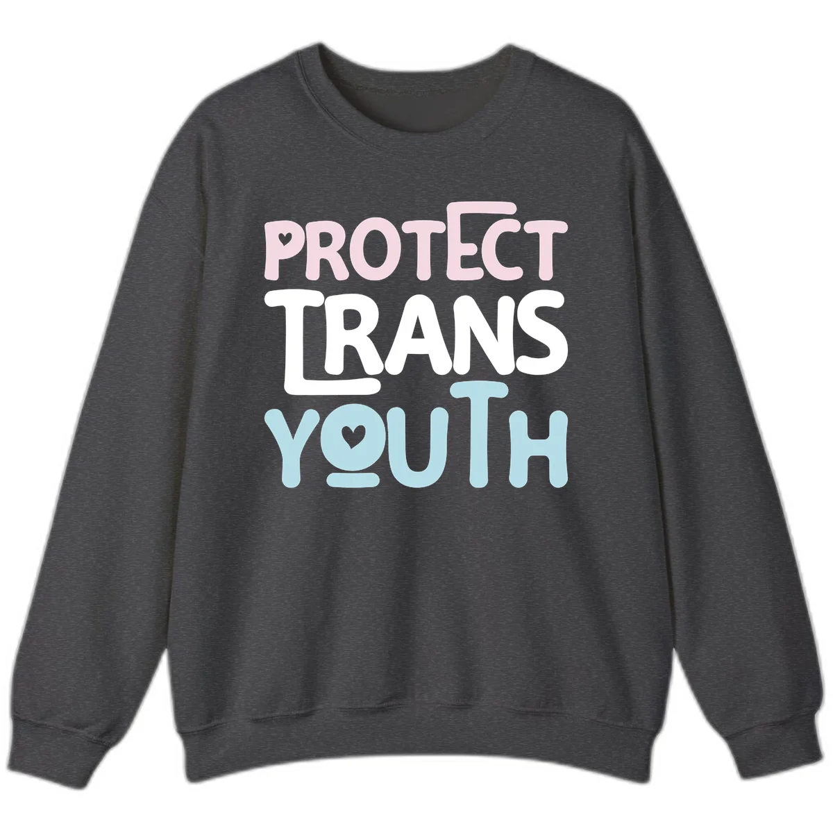 Protect trans youth design with pink, white, and blue bold lettering and heart symbols in Dark Heather