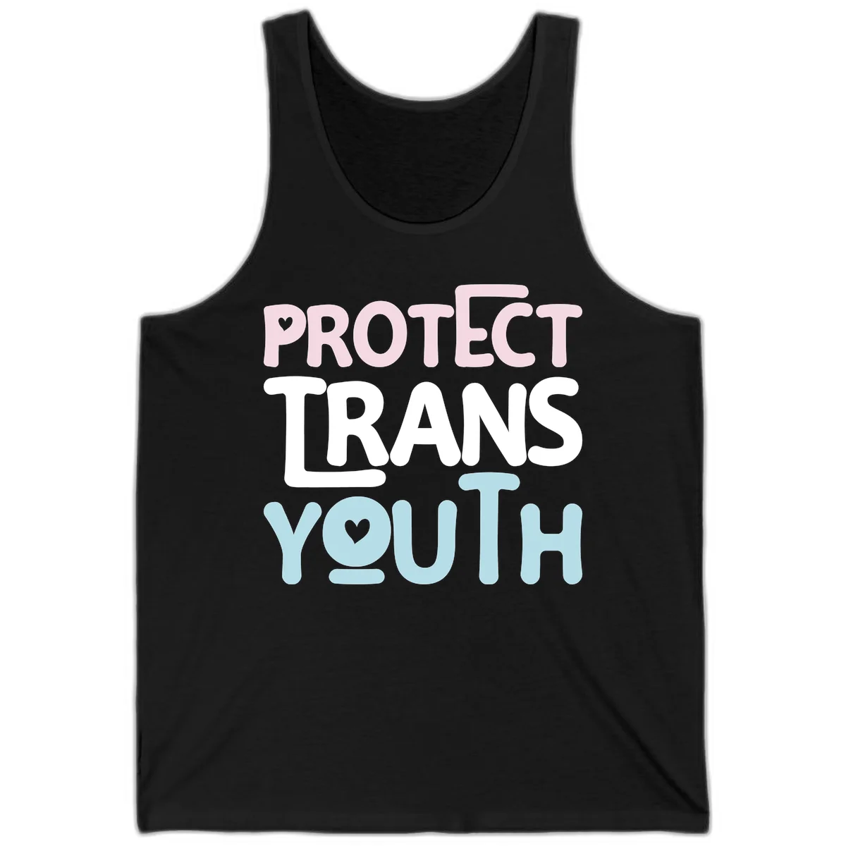 Protect trans youth design with pink, white, and blue bold lettering and heart symbols in Black