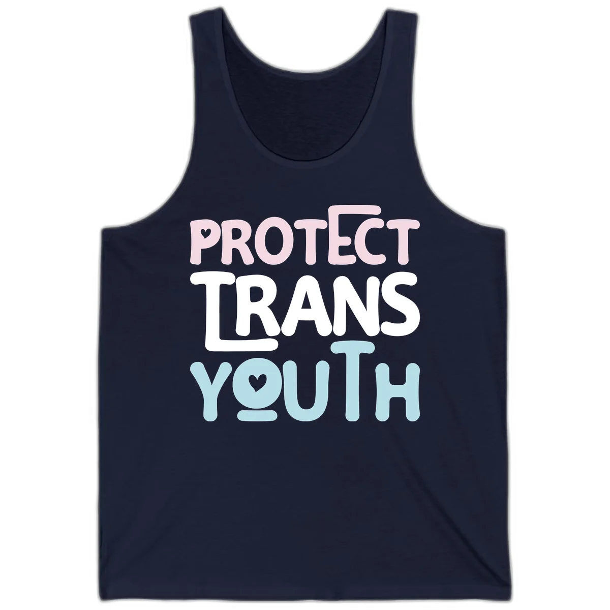 Protect trans youth design with pink, white, and blue bold lettering and heart symbols in Navy