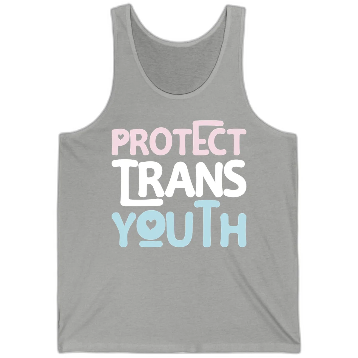 Protect trans youth design with pink, white, and blue bold lettering and heart symbols in Athletic Heather