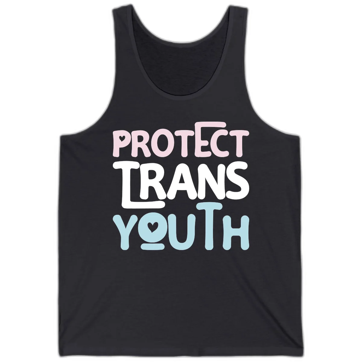 Protect trans youth design with pink, white, and blue bold lettering and heart symbols in Dark Grey