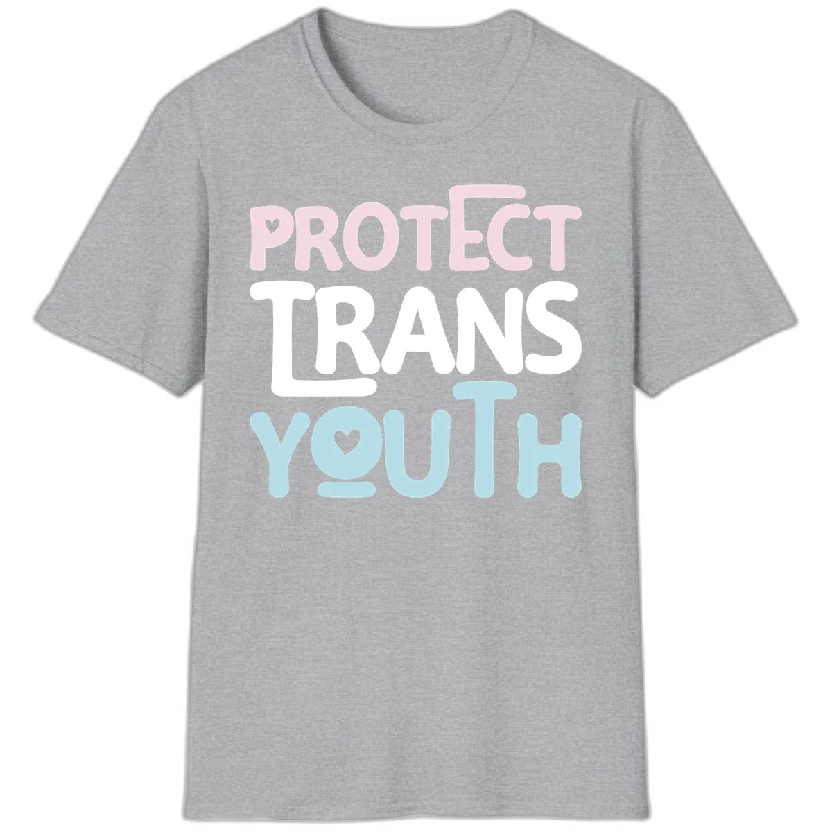 Protect trans youth design with pink, white, and blue bold lettering and heart symbols in Sport Grey