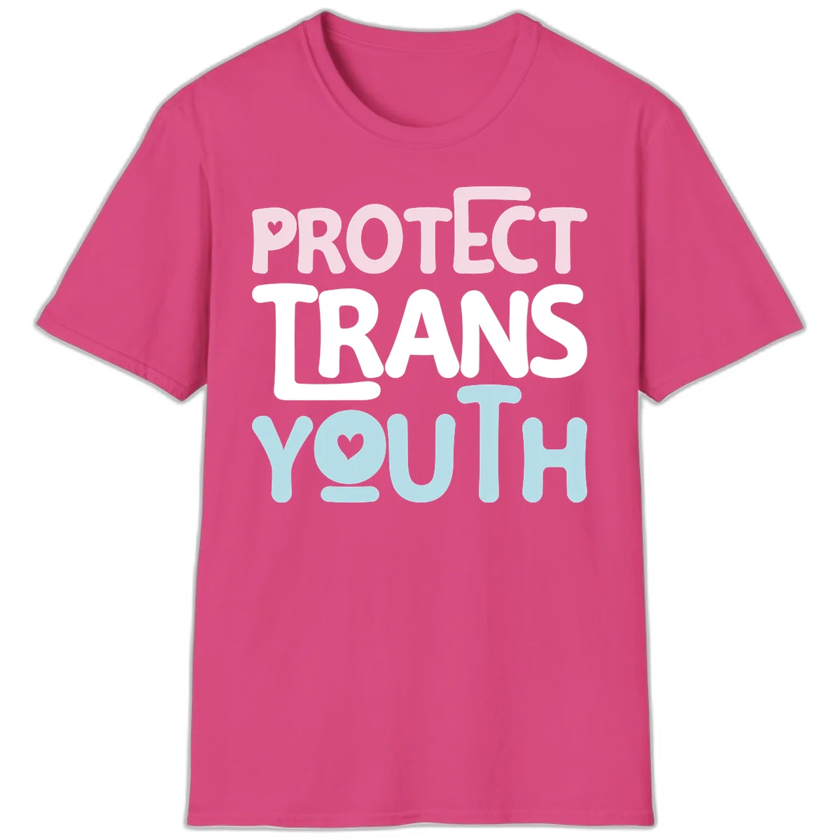 Protect trans youth design with pink, white, and blue bold lettering and heart symbols in Heliconia