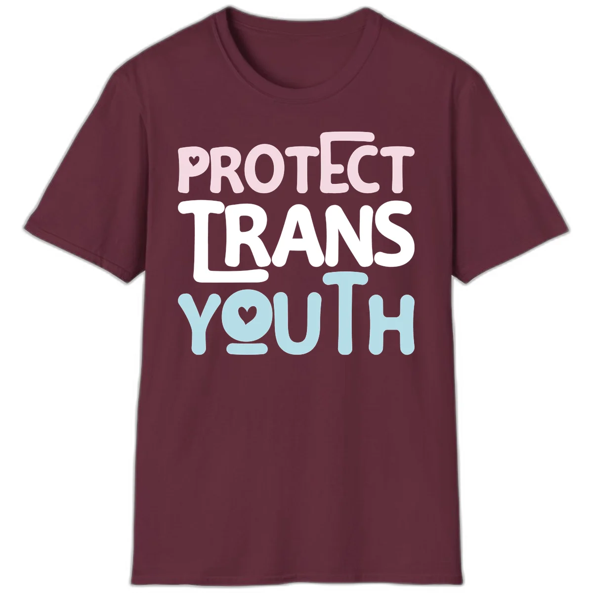 Protect trans youth design with pink, white, and blue bold lettering and heart symbols in Maroon