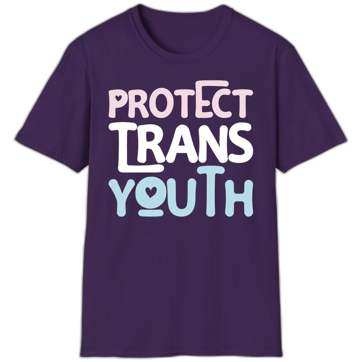 Protect trans youth design with pink, white, and blue bold lettering and heart symbols in Purple