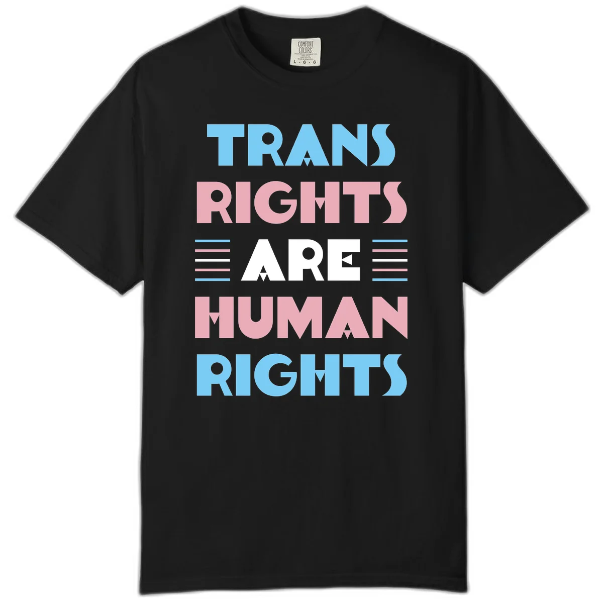Bold typography design reading 'TRANS RIGHTS ARE HUMAN RIGHTS' with transgender flag colored stripes on gray background in Black