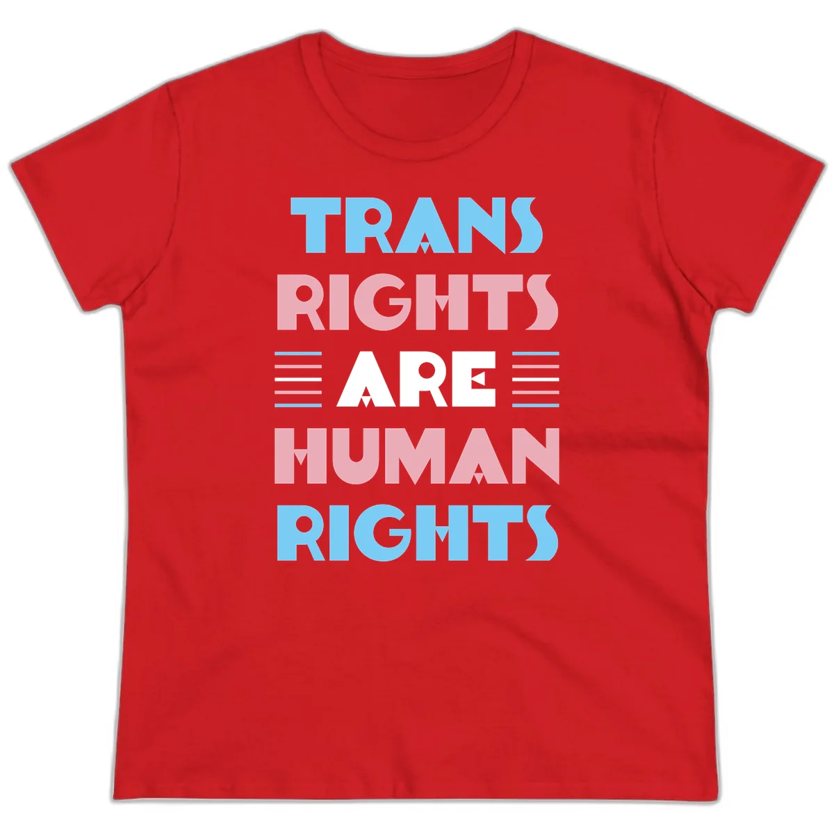 Bold typography design reading 'TRANS RIGHTS ARE HUMAN RIGHTS' with transgender flag colored stripes on gray background in Red
