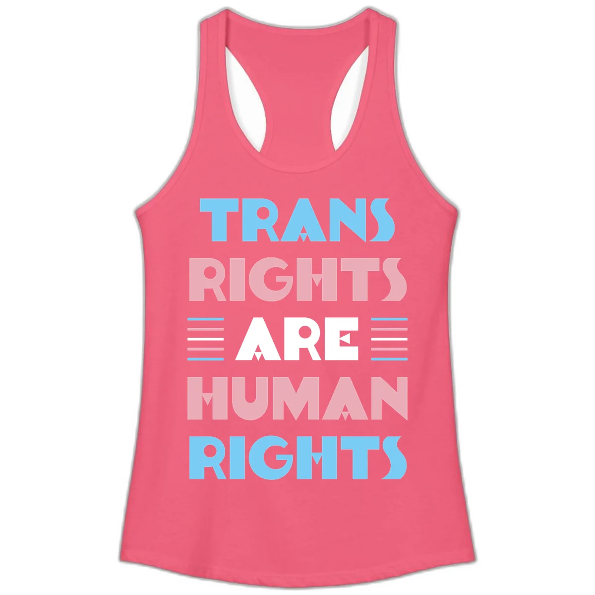Bold typography design reading 'TRANS RIGHTS ARE HUMAN RIGHTS' with transgender flag colored stripes on gray background in Hot Pink