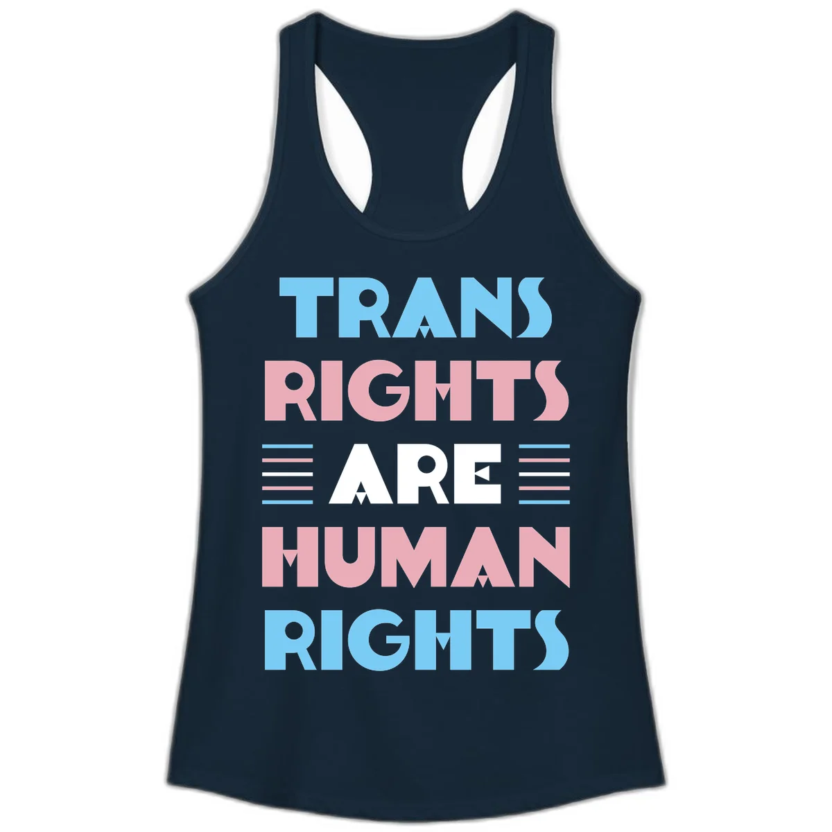 Bold typography design reading 'TRANS RIGHTS ARE HUMAN RIGHTS' with transgender flag colored stripes on gray background in Solid Midnight Navy