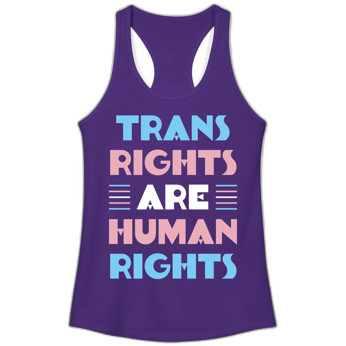 Bold typography design reading 'TRANS RIGHTS ARE HUMAN RIGHTS' with transgender flag colored stripes on gray background in Solid Purple Rush