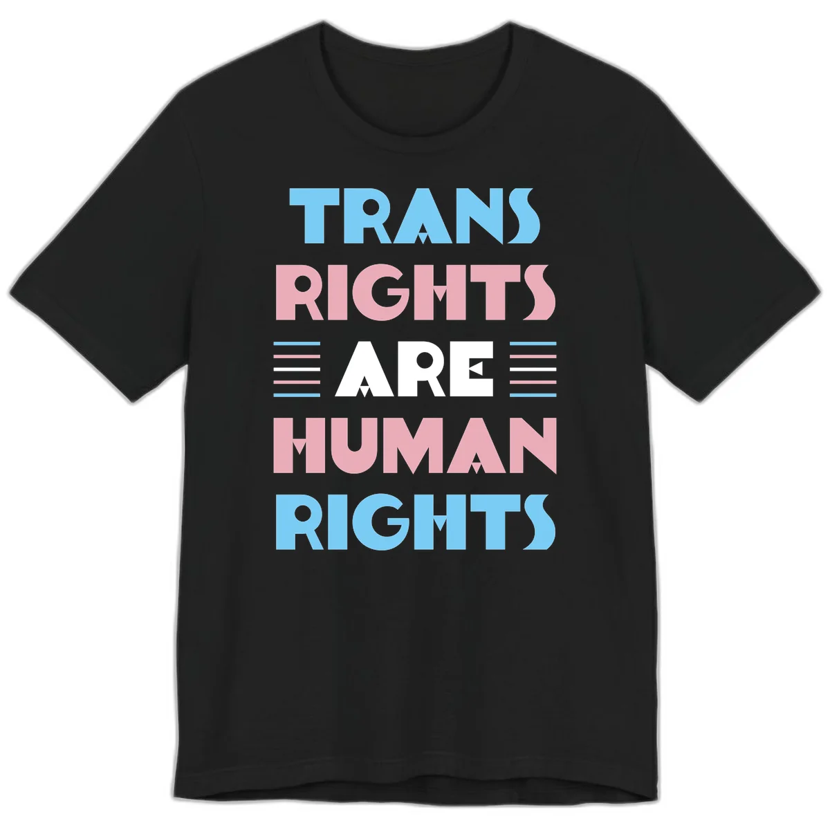 Bold typography design reading 'TRANS RIGHTS ARE HUMAN RIGHTS' with transgender flag colored stripes on gray background in Black