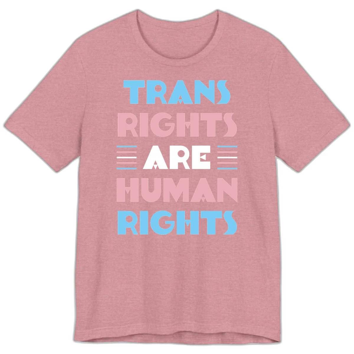 Bold typography design reading 'TRANS RIGHTS ARE HUMAN RIGHTS' with transgender flag colored stripes on gray background in Heather Orchid