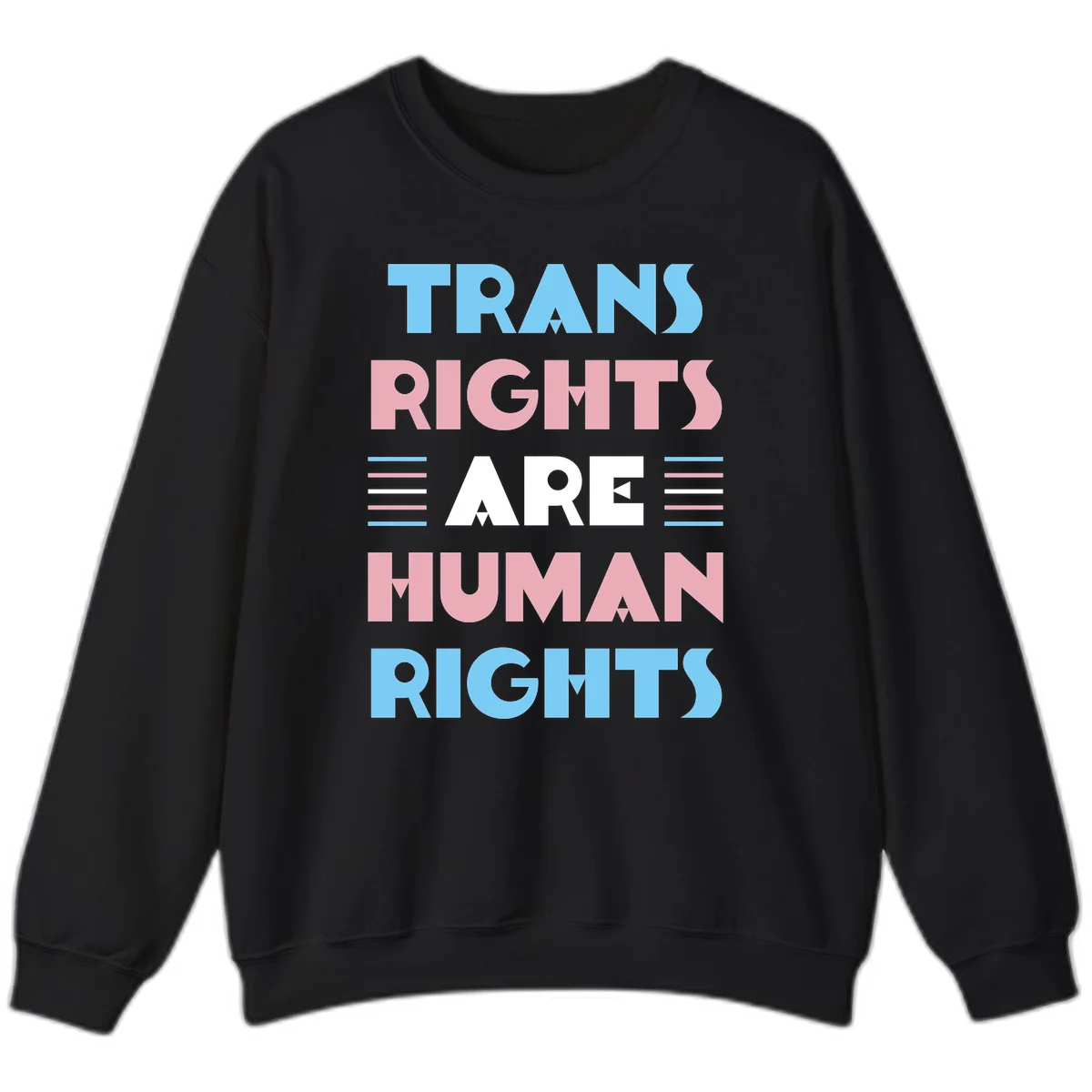 Bold typography design reading 'TRANS RIGHTS ARE HUMAN RIGHTS' with transgender flag colored stripes on gray background in Black