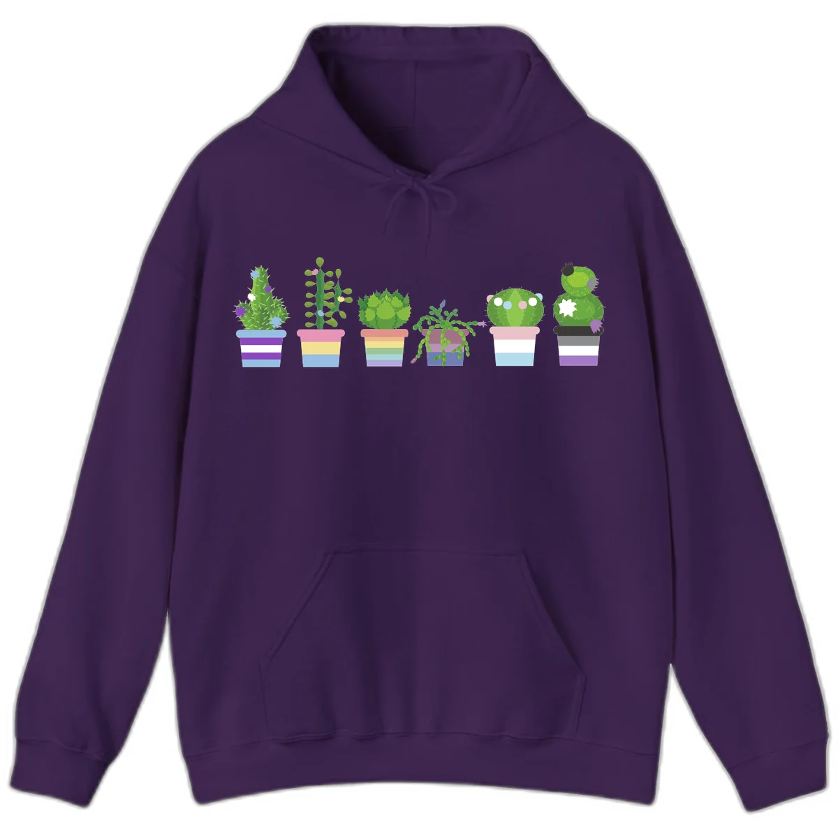 Six colorful potted cacti and succulents with rainbow-striped planters and delicate flowers in a cheerful garden arrangement in Purple