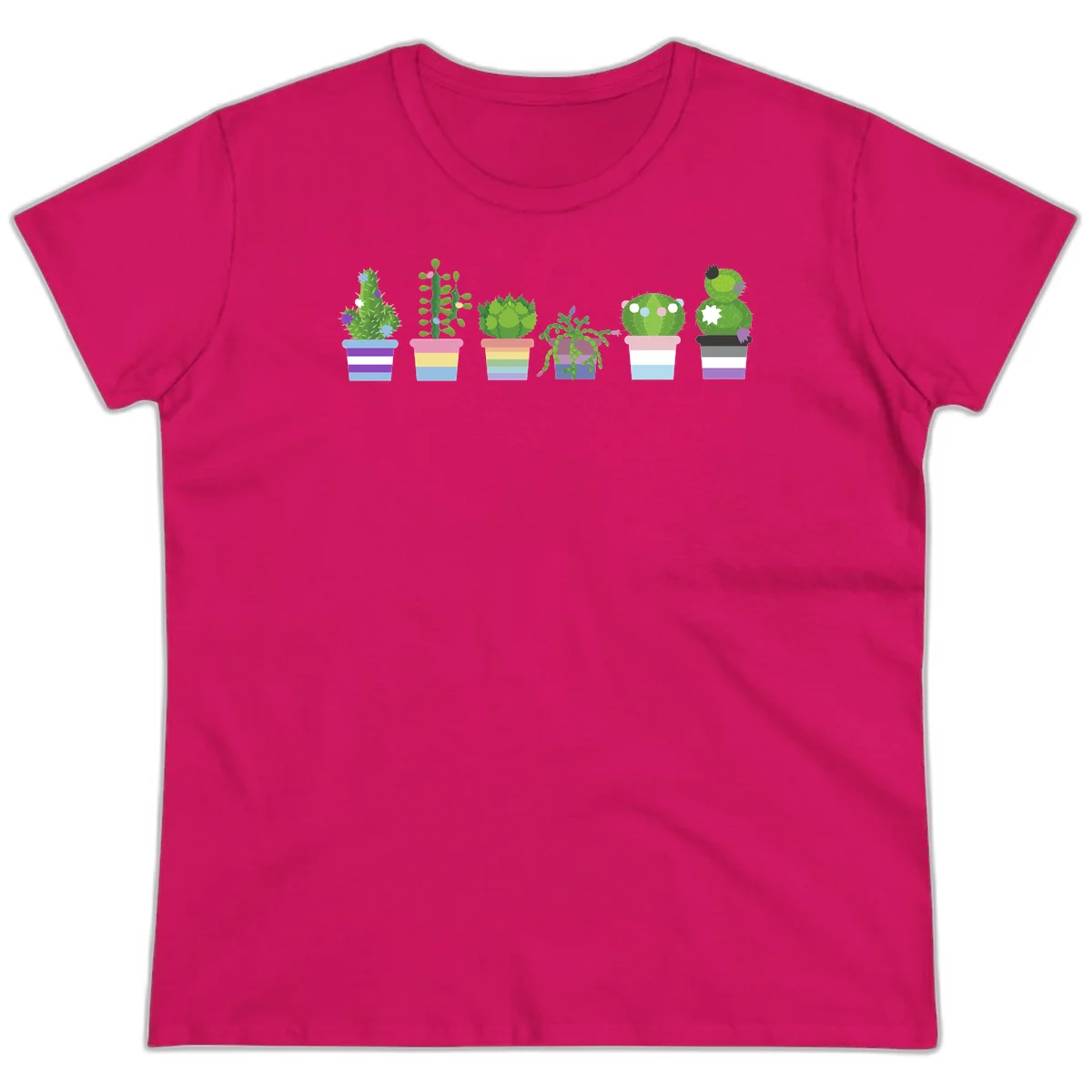 Six colorful potted cacti and succulents with rainbow-striped planters and delicate flowers in a cheerful garden arrangement in Heliconia