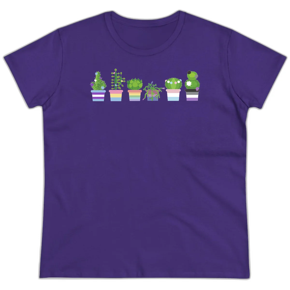 Six colorful potted cacti and succulents with rainbow-striped planters and delicate flowers in a cheerful garden arrangement in Purple