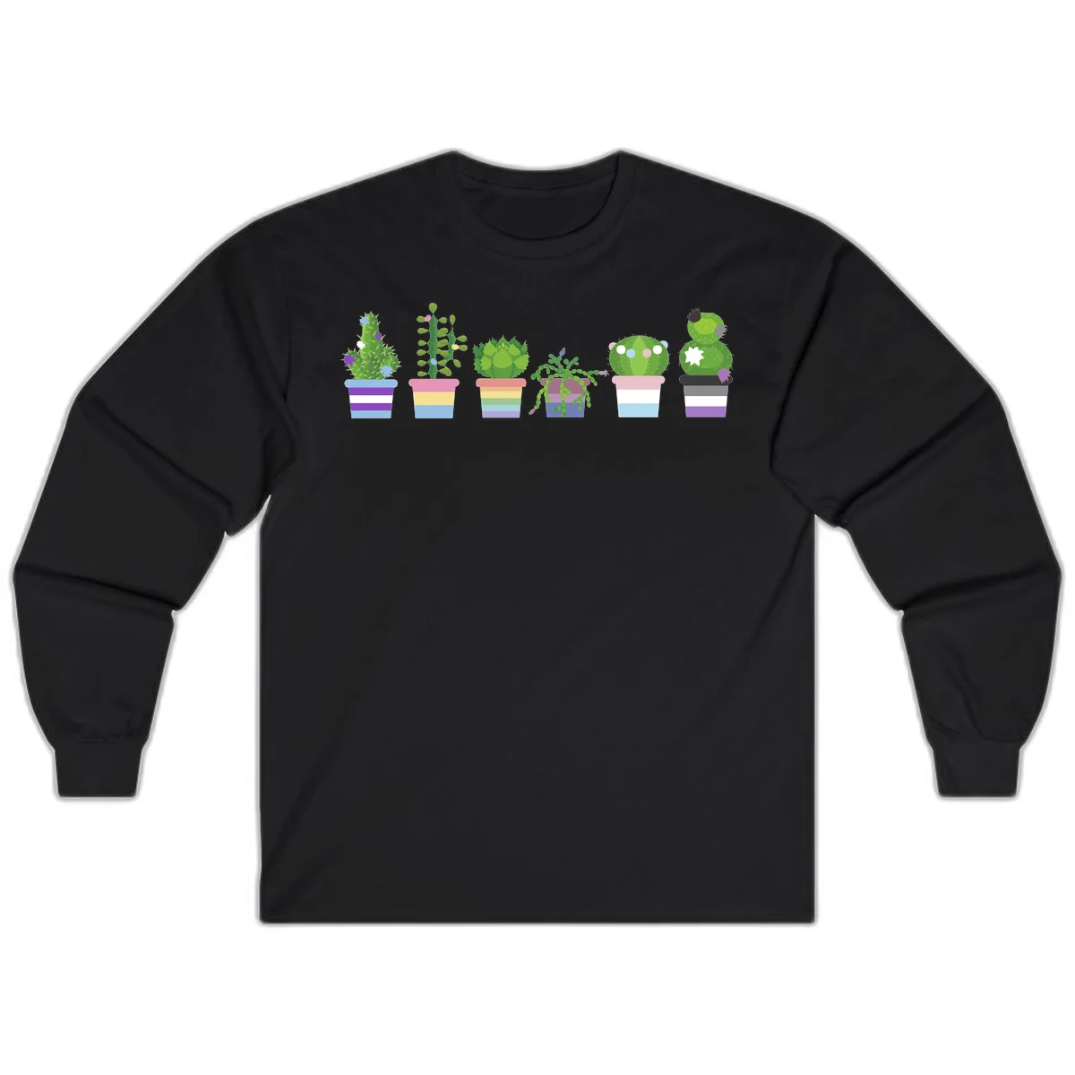 Six colorful potted cacti and succulents with rainbow-striped planters and delicate flowers in a cheerful garden arrangement in Black