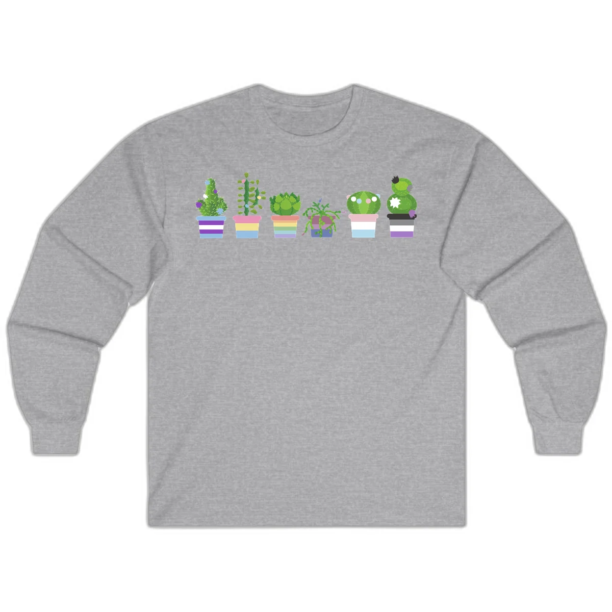 Six colorful potted cacti and succulents with rainbow-striped planters and delicate flowers in a cheerful garden arrangement in Sport Grey