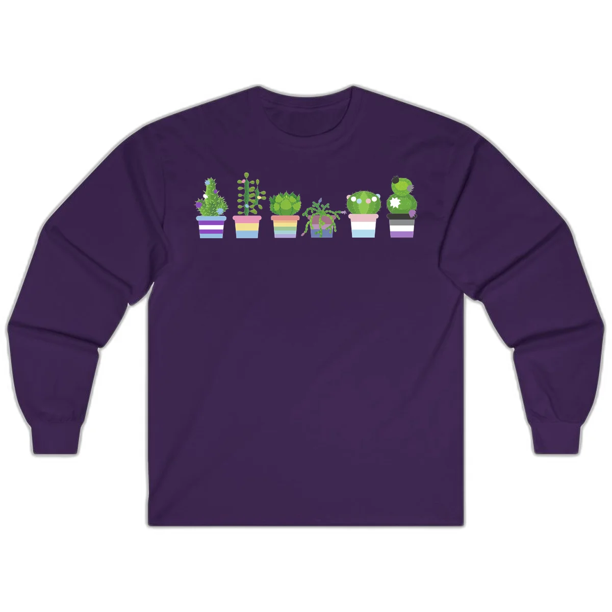 Six colorful potted cacti and succulents with rainbow-striped planters and delicate flowers in a cheerful garden arrangement in Purple