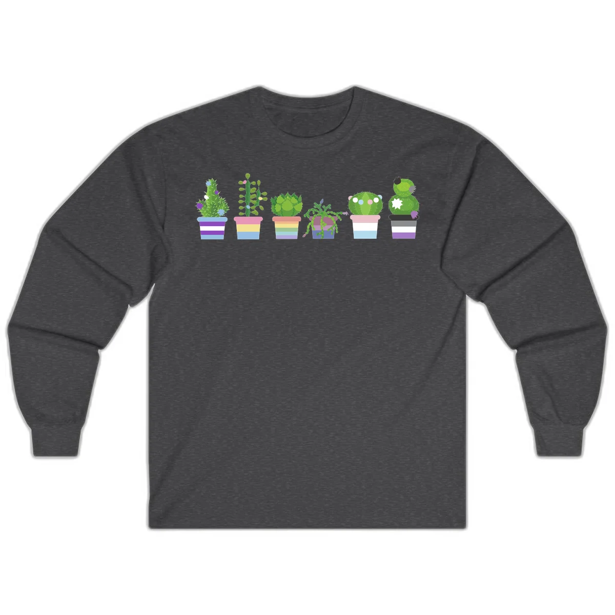 Six colorful potted cacti and succulents with rainbow-striped planters and delicate flowers in a cheerful garden arrangement in Dark Heather