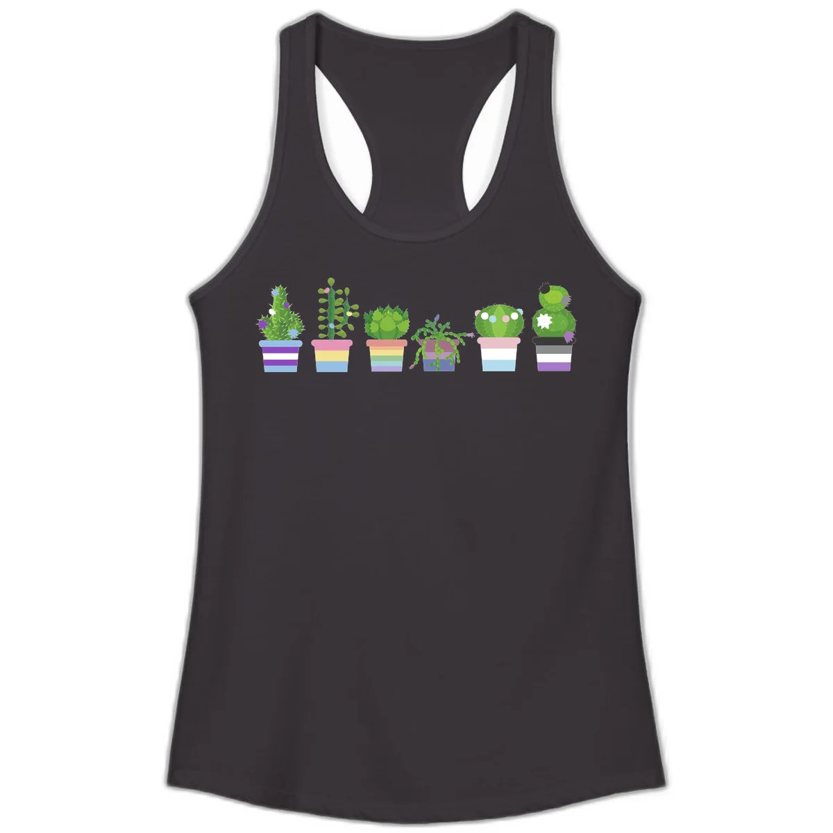 Six colorful potted cacti and succulents with rainbow-striped planters and delicate flowers in a cheerful garden arrangement in Black