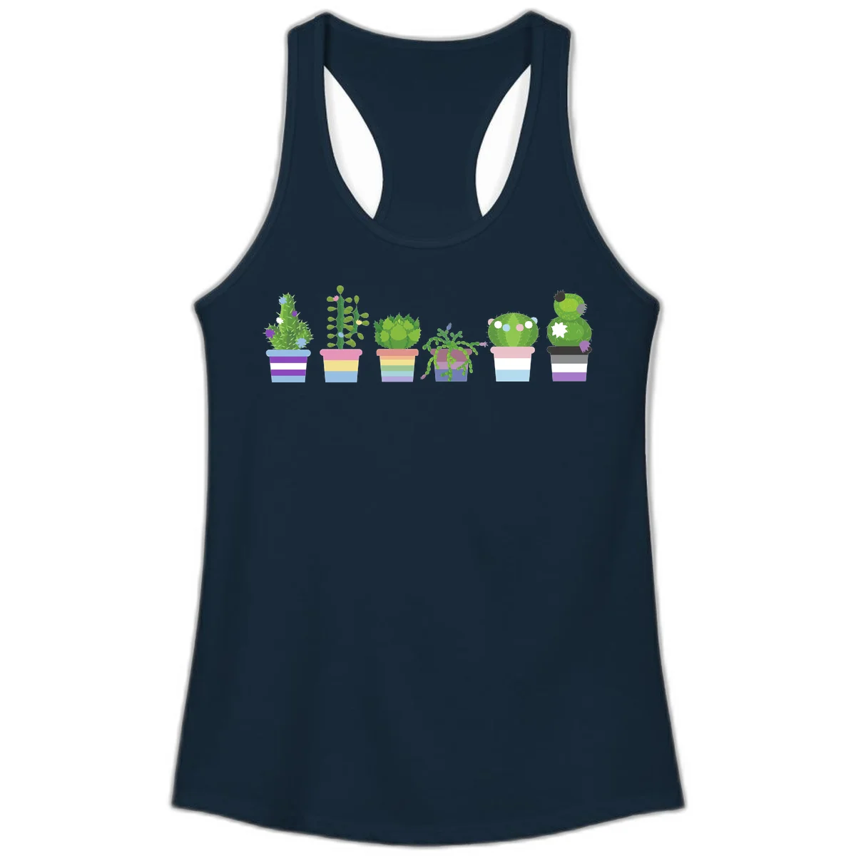 Six colorful potted cacti and succulents with rainbow-striped planters and delicate flowers in a cheerful garden arrangement in Solid Midnight Navy